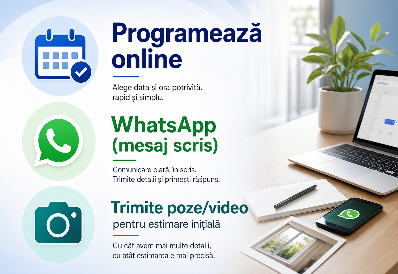 Programează online, WhatsApp și trimite poze sau video pentru estimare inițială.
